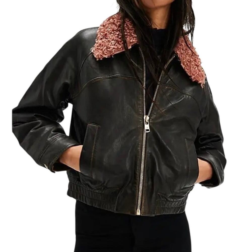 Scotch & Soda Leather Bomber Jacket Large Sherpa Collar Distressed Brown NWT